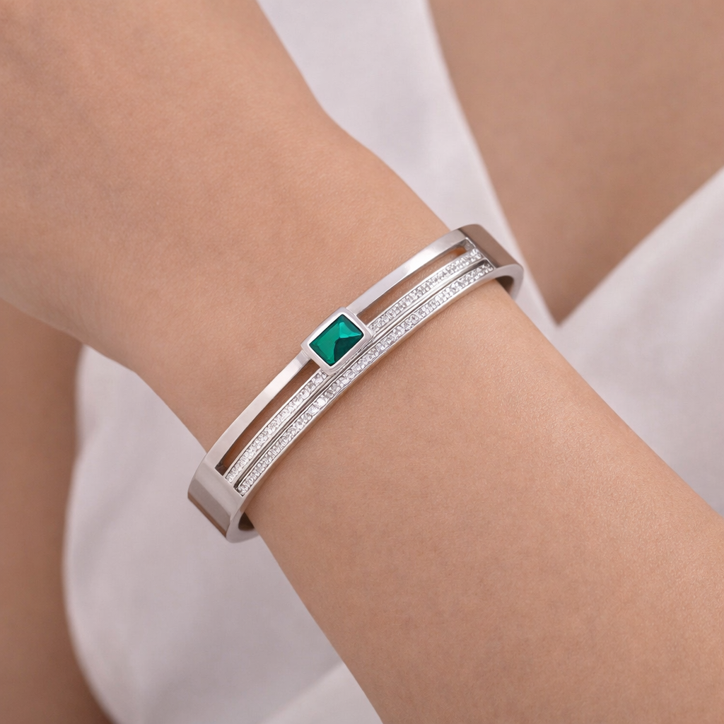 Emerald Luxe Crystal Bangle- Silver