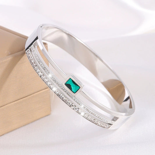 Emerald Luxe Crystal Bangle- Silver